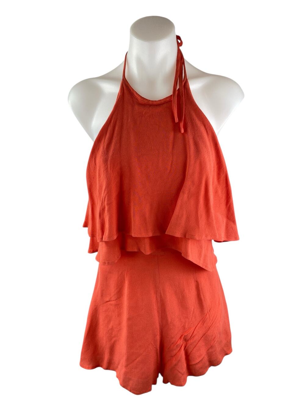 ASTR The Label Orange Tiered Ruffle Sleeveless Halter Neck Jumpsuit Romper Sz XS